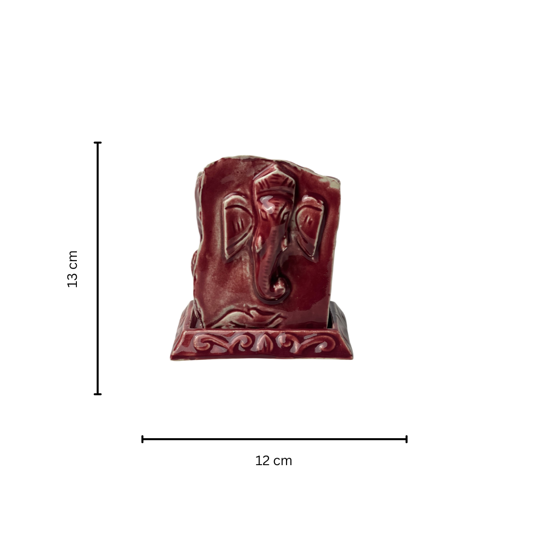 Red Ganesh statue with dimensions on a white background
