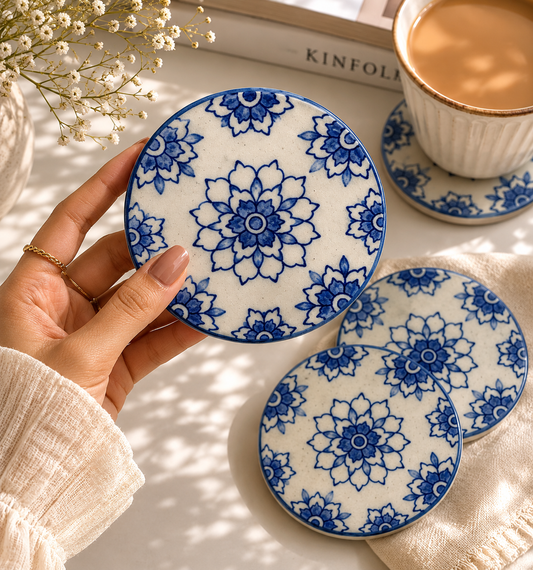 Indigo Hand-Painted Ceramic Coasters - Set of 4
