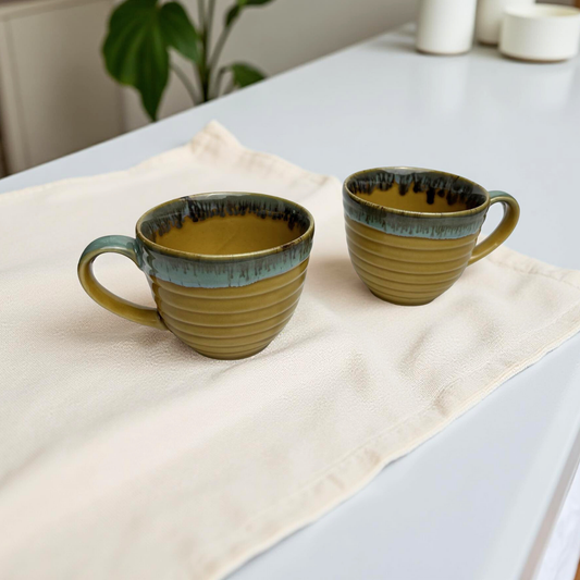 two ceramic mug set
mustard and blue mug set
coffee mug set of 2
tea mugs