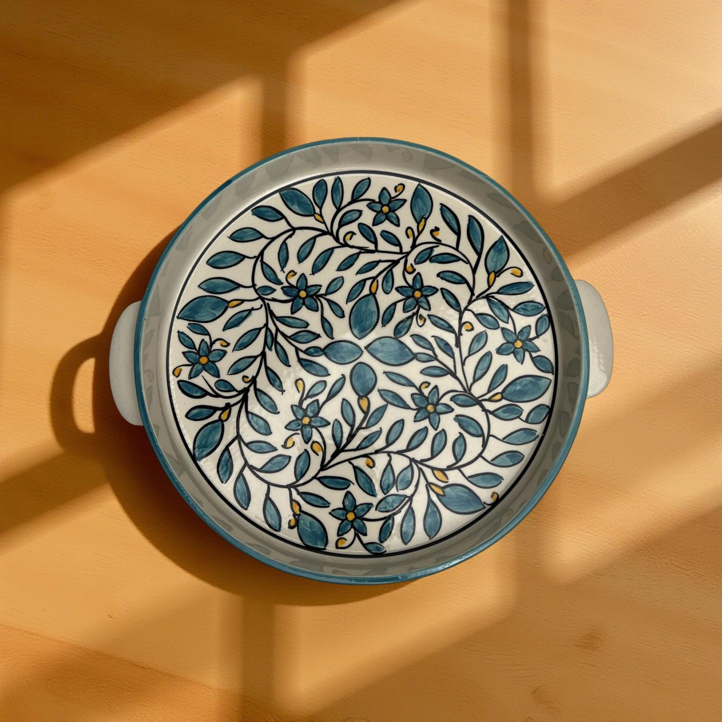 turquoise ceramic serving platter
serving dish with handles 
floral platter for serving 