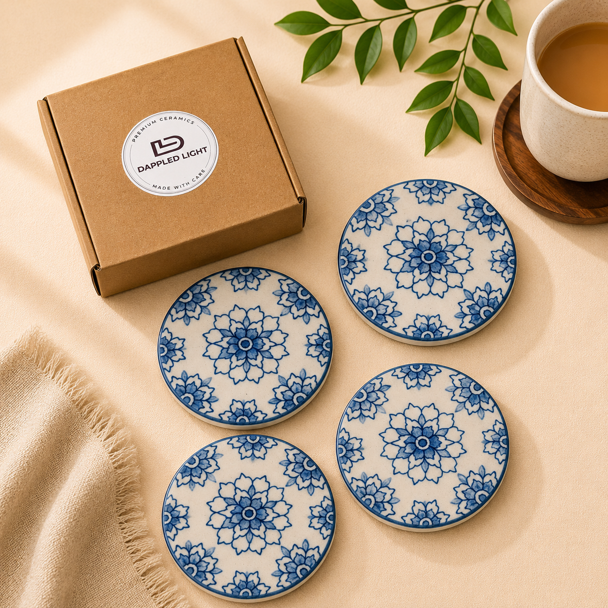 Indigo Bloom Ceramic Coasters - Set of 4