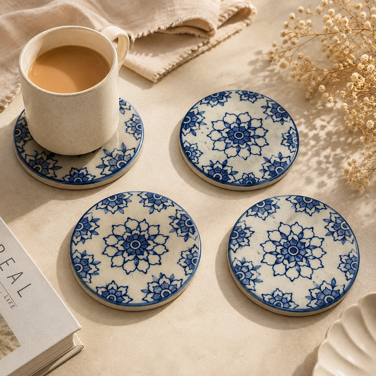 Indigo Bloom Ceramic Coasters - Set of 4