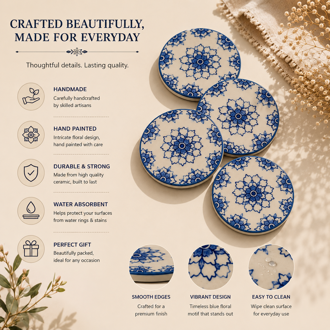 Indigo Bloom Ceramic Coasters - Set of 4