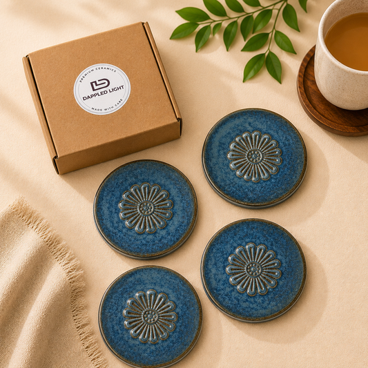 Indigo Daisy Ceramic Coasters - Set of 4