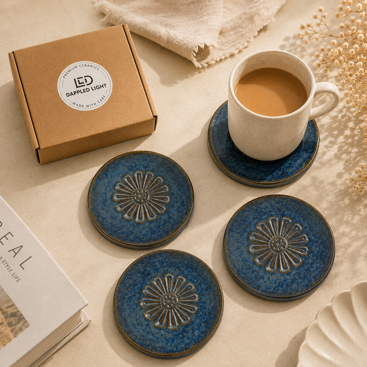 Indigo Daisy Ceramic Coasters - Set of 4
