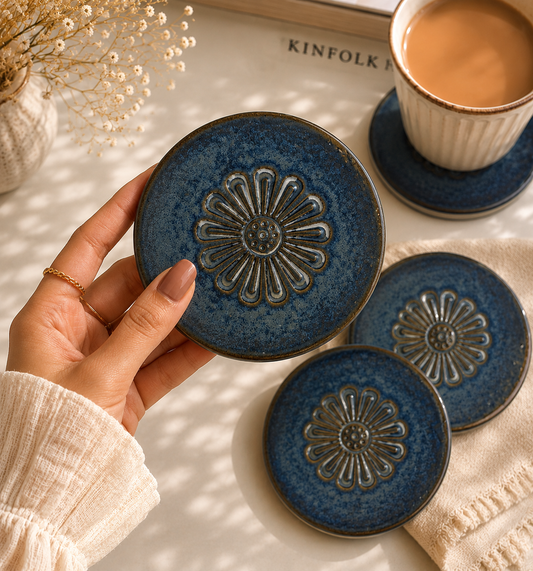 Indigo Daisy Ceramic Coasters - Set of 4
