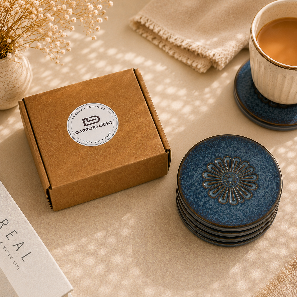 Indigo Daisy Ceramic Coasters - Set of 4