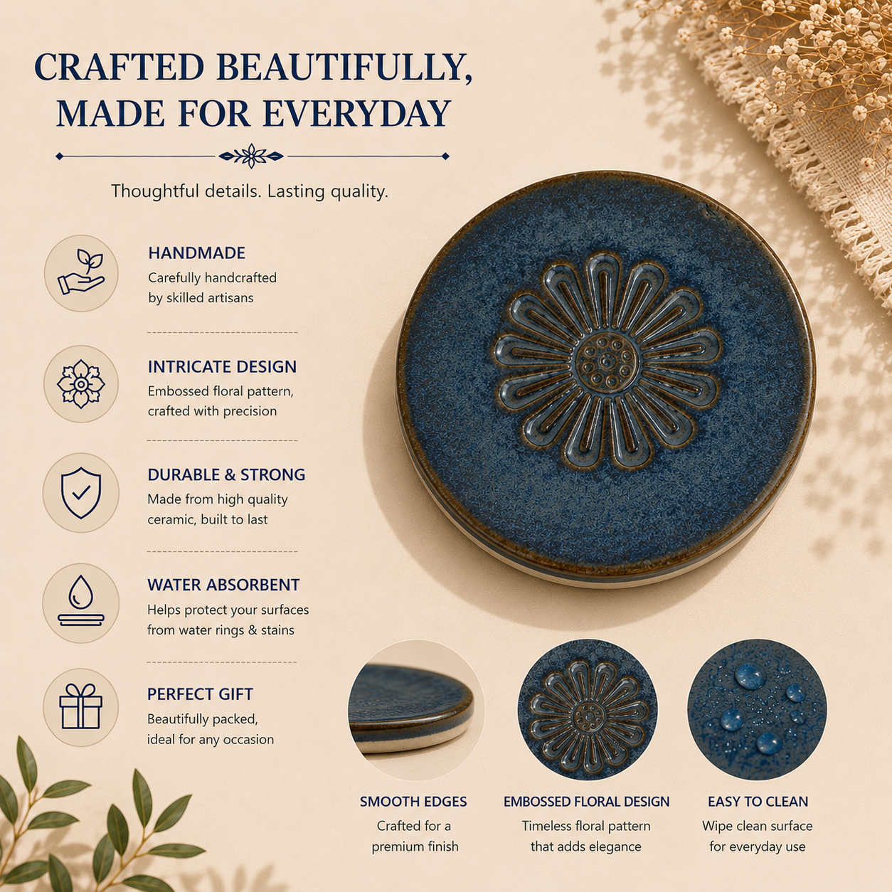 Indigo Daisy Ceramic Coasters - Set of 4