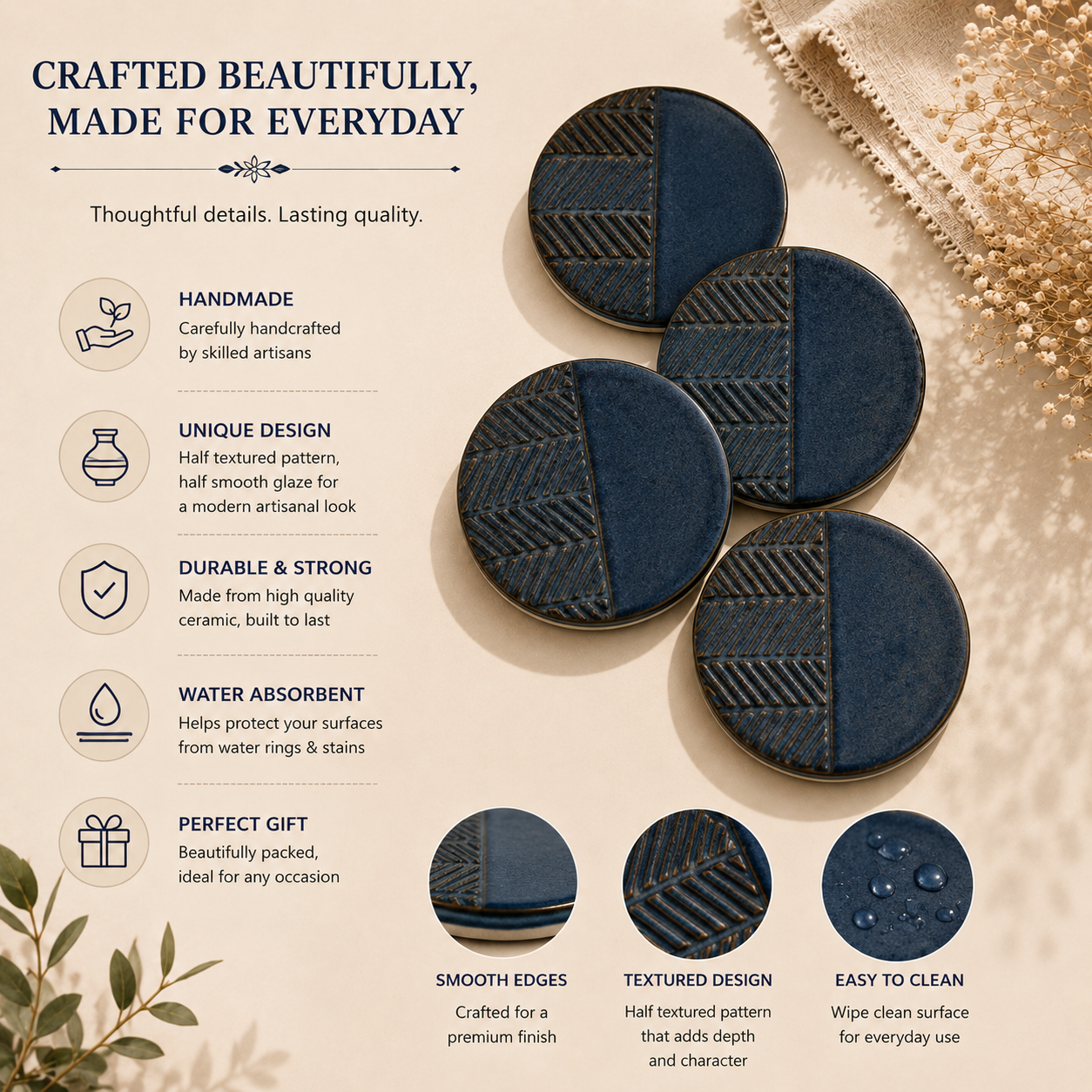 Midnight Texture Ceramic Coasters - Set of 4