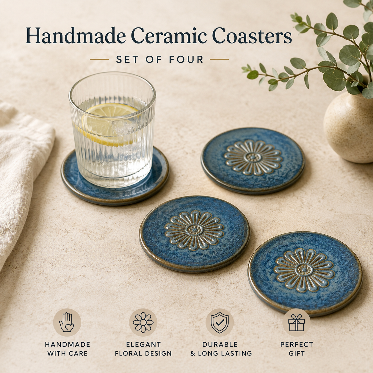 Indigo Daisy Ceramic Coasters - Set of 4